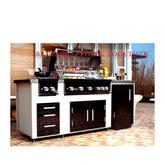 Close-up of the Bonfire Prime Double Side Burner Black Series, highlighting the powerful dual cast brass burners and stylish blue LED control knobs.